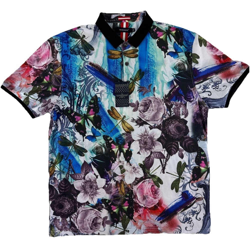 Barabas Floral Dragonfly Butterfly Polo Shirt Mens XL All Over Print